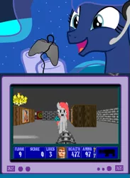 Size: 563x769 | Tagged: safe, banned from derpibooru, deleted from derpibooru, derpibooru import, princess luna, exploitable meme, game, meme, mod, ms-dos, obligatory pony, raycasting, tv meme, weapon, wolfenstein 3d