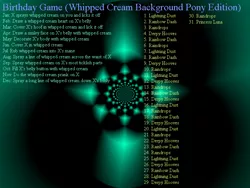 Size: 800x600 | Tagged: safe, banned from derpibooru, deleted from derpibooru, derpibooru import, birthday game, exploitable meme, food, meme, text, text only, whipped cream, whipped cream background pony
