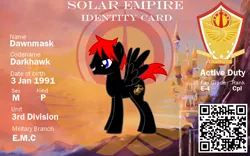 Size: 1024x640 | Tagged: safe, banned from derpibooru, deleted from derpibooru, derpibooru import, oc, pony creator, canterlot, id card, military, please remove, solar empire