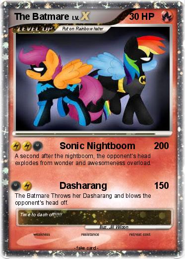 Size: 373x521 | Tagged: safe, artist:blackbewhite2k7, banned from derpibooru, deleted from derpibooru, derpibooru import, rainbow dash, scootaloo, batman, batmare, card, crossover, nightwing, parody, pokémon, trading card