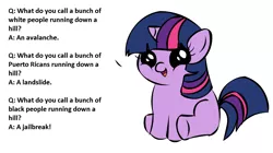 Size: 1194x668 | Tagged: safe, banned from derpibooru, deleted from derpibooru, derpibooru import, twilight sparkle, exploitable meme, female, filly, filly twilight sparkle, filly twilight telling an offensive joke, funny, joke, meme, obligatory pony, younger