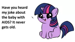 Size: 1194x668 | Tagged: safe, banned from derpibooru, deleted from derpibooru, derpibooru import, twilight sparkle, exploitable meme, female, filly, filly twilight sparkle, filly twilight telling an offensive joke, forced meme, funny, joke, meme, obligatory pony, younger