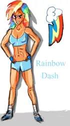 Size: 442x787 | Tagged: safe, artist:applelight limited, banned from derpibooru, deleted from derpibooru, derpibooru import, rainbow dash, human, belly button, breasts, clothes, female, gym uniform, humanized, midriff, muscles, shorts, solo, sports bra, sports shorts