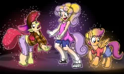 Size: 1280x763 | Tagged: safe, artist:redflare500, banned from derpibooru, deleted from derpibooru, derpibooru import, apple bloom, scootaloo, sweetie belle, oc, ponified, human, pony, cutie mark crusaders, humanized, transformation