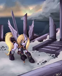 Size: 1236x1500 | Tagged: safe, artist:ponykillerx, banned from derpibooru, deleted from derpibooru, derpibooru import, derpy hooves, pegasus, pony, armor, epic derpy, female, mare, ruins, solo, sword, underp, weapon