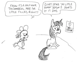 Size: 705x561 | Tagged: safe, artist:bakertoons, banned from derpibooru, deleted from derpibooru, derpibooru import, spike, twilight sparkle, monochrome, my little human, text