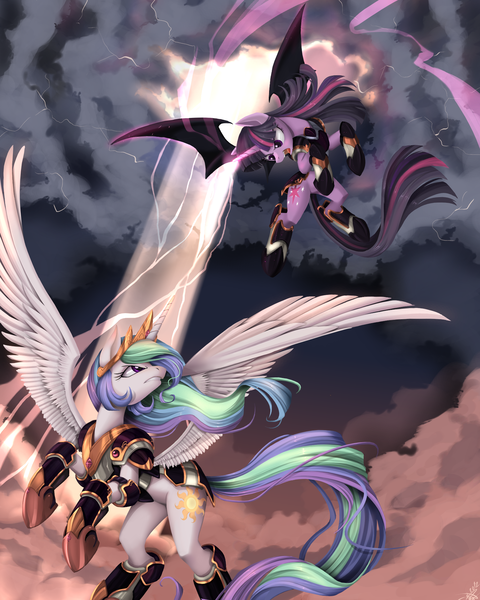 Size: 1600x2000 | Tagged: dead source, safe, artist:ponykillerx, banned from derpibooru, deleted from derpibooru, derpibooru import, princess celestia, twilight sparkle, alicorn, pony, unicorn, vampire, armor, bat wings, cloud, cloudy, duo, female, flying, lightning, mare, storm, warrior, warrior celestia, wings