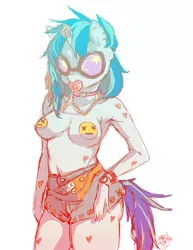 Size: 600x776 | Tagged: suggestive, artist:hae-hyun, banned from derpibooru, deleted from derpibooru, derpibooru import, vinyl scratch, anthro, breasts, clothes, female, pacifier, partial nudity, pasties, solo, solo female, topless