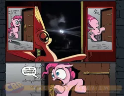 Size: 900x700 | Tagged: safe, banned from derpibooru, deleted from derpibooru, derpibooru import, idw, pinkie pie, exploitable meme, ghostbusters, meme, obligatory pony, surprise door
