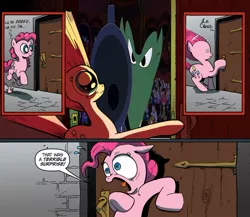 Size: 945x821 | Tagged: safe, banned from derpibooru, deleted from derpibooru, derpibooru import, idw, pinkie pie, snake, exploitable meme, gun, meme, obligatory pony, surprise door, the fearless four, weapon