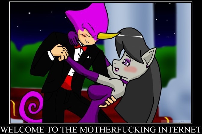 Size: 672x448 | Tagged: safe, artist:sonigoku, banned from derpibooru, deleted from derpibooru, derpibooru import, octavia melody, anthro, blushing, clothes, crossover, crossover shipping, demotivational poster, dress, espio the chameleon, female, male, meme, shipping, sonic the hedgehog (series), straight, tuxedo, vulgar