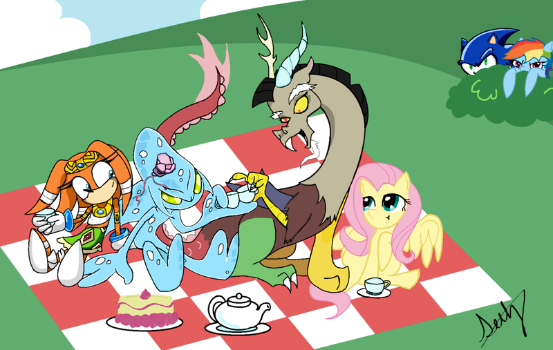 Size: 1927x1221 | Tagged: safe, artist:splinterstar, banned from derpibooru, deleted from derpibooru, derpibooru import, discord, fluttershy, rainbow dash, bandeau, cake, chaos, clothes, crossover, cup, food, image, midriff, picnic, picnic blanket, png, skirt, sonic the hedgehog, sonic the hedgehog (series), teacup, teapot, tikal