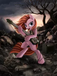 Size: 1200x1600 | Tagged: safe, artist:ponykillerx, banned from derpibooru, deleted from derpibooru, derpibooru import, pinkie pie, pony, amplifier, badass, bipedal, detailed, electric guitar, guitar, musical instrument, pinkamena diane pie, pun, rock farm, solo, technical advanced, visual pun