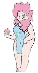 Size: 424x807 | Tagged: dead source, suggestive, artist:atrolux, banned from derpibooru, deleted from derpibooru, derpibooru import, pinkie pie, human, apron, bottomless, chubby, clothes, cupcake, female, food, humanized, partial nudity, solo, solo female