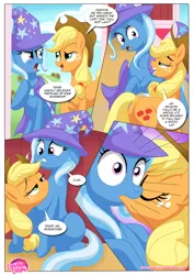 Size: 1024x1448 | Tagged: suggestive, artist:bbmbbf, banned from derpibooru, deleted from derpibooru, derpibooru import, applejack, trixie, comic:lending a helping hoof, equestria untamed, cape bite, comic, female, image, jpeg, kissing, lesbian, palcomix, shipping, surprised, surprise kiss, that escalated quickly, tripplejack