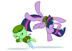 Size: 1024x729 | Tagged: safe, artist:culu-bluebeaver, banned from derpibooru, deleted from derpibooru, derpibooru import, twilight sparkle, alicorn, clothes, flippy, happy tree friends, knife, simple background, transparent background, twilight sparkle (alicorn), uniform