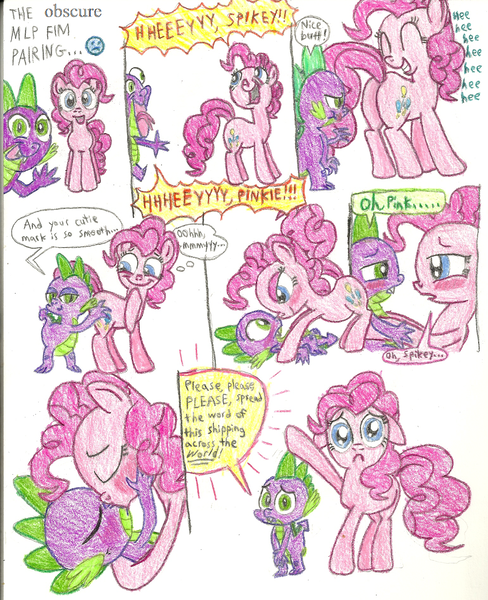 Size: 1233x1517 | Tagged: suggestive, artist:freepi, banned from derpibooru, deleted from derpibooru, derpibooru import, pinkie pie, spike, bedroom eyes, blushing, butt, comic, female, kissing, male, pinkiespike, plot, presenting, shipping, straight, traditional art