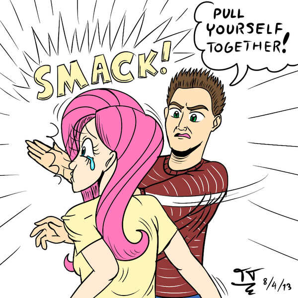 Size: 900x900 | Tagged: safe, artist:tomtornados, banned from derpibooru, deleted from derpibooru, derpibooru import, fluttershy, human, hurricane fluttershy, abuse, bitch slap, colored, flutterbuse, humanized, response, slap