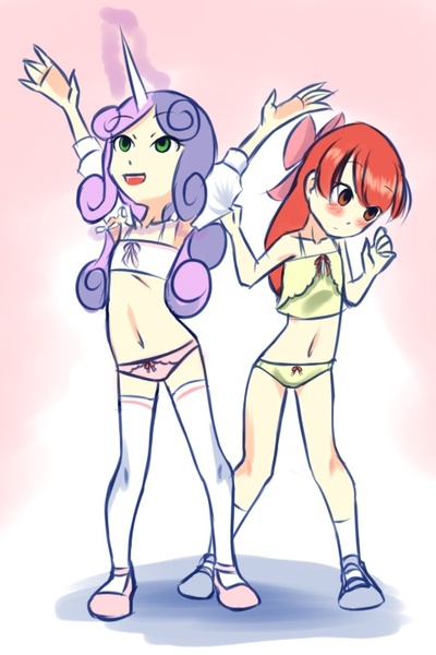 Size: 480x720 | Tagged: suggestive, artist:drantyno, banned from derpibooru, deleted from derpibooru, derpibooru import, apple bloom, sweetie belle, human, belly button, clothes, horn, horned humanization, humanized, lolicon, magic, panties, underage, underwear