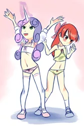 Size: 480x720 | Tagged: suggestive, artist:drantyno, banned from derpibooru, deleted from derpibooru, derpibooru import, apple bloom, sweetie belle, human, belly button, clothes, horn, horned humanization, humanized, lolicon, magic, panties, underage, underwear
