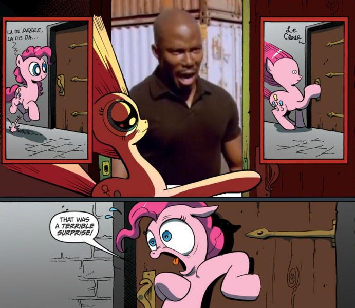 Size: 945x821 | Tagged: safe, banned from derpibooru, deleted from derpibooru, derpibooru import, pinkie pie, comic, dexter, erik king, exploitable meme, james doakes, meme, obligatory pony, surprise door, surprise motherfucker