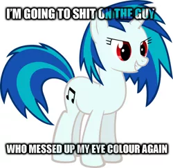 Size: 904x883 | Tagged: safe, banned from derpibooru, deleted from derpibooru, derpibooru import, vinyl scratch, caption, image macro, meme, stupidity, text, wrong eye color