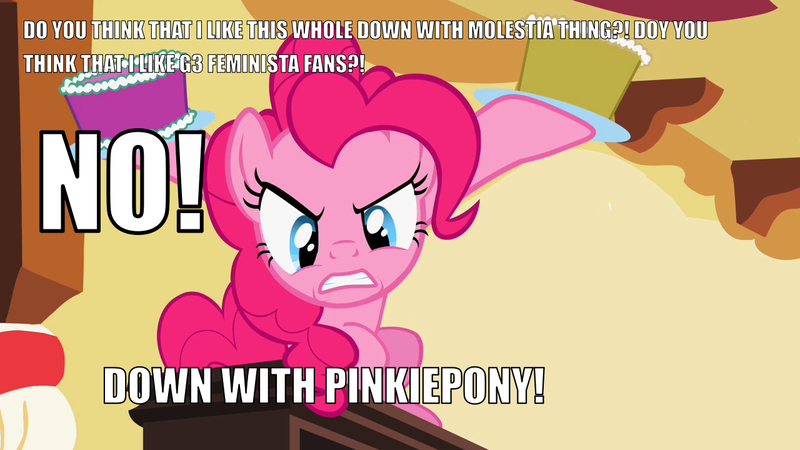Size: 1280x720 | Tagged: safe, banned from derpibooru, deleted from derpibooru, derpibooru import, pinkie pie, angry, butthurt, cake, caption, down with molestia, drama, food, image macro, pinkiepony, rage, solo, text