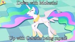 Size: 1280x720 | Tagged: grimdark, suggestive, banned from derpibooru, deleted from derpibooru, derpibooru import, princess celestia, a canterlot wedding, background pony strikes again, careful what you wish for, down with molestia, drama, imminent rape, imminent sex, rape, sex, solo, text