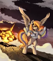 Size: 1360x1560 | Tagged: safe, artist:ponykillerx, banned from derpibooru, deleted from derpibooru, derpibooru import, derpy hooves, rainbow dash, pegasus, pony, badass, bipedal, blood, carrying, cracks, derpydash, epic derpy, explosion, eye contact, female, lesbian, looking at each other, mare, shipping