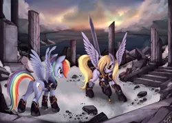 Size: 2100x1500 | Tagged: safe, artist:ponykillerx, banned from derpibooru, deleted from derpibooru, derpibooru import, derpy hooves, rainbow dash, pegasus, pony, armor, butt, duo, epic derpy, female, mare, plot, ruins, sword, underp, weapon