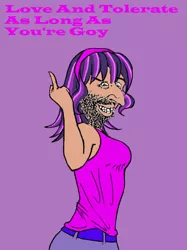 Size: 598x800 | Tagged: safe, artist:foedus, banned from derpibooru, deleted from derpibooru, derpibooru import, twilight sparkle, human, forced meme, humanized, l&t as long as you're x, meme, middle finger, solo, vulgar