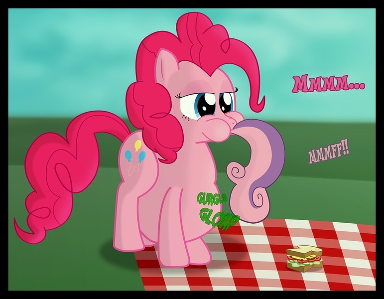 Size: 1024x797 | Tagged: questionable, artist:optica, banned from derpibooru, deleted from derpibooru, derpibooru import, pinkie pie, sweetie belle, earth pony, pony, digestion, female, fetish, food, mare, pinkie pred, sandwich, soft vore, tail sticking out, vore