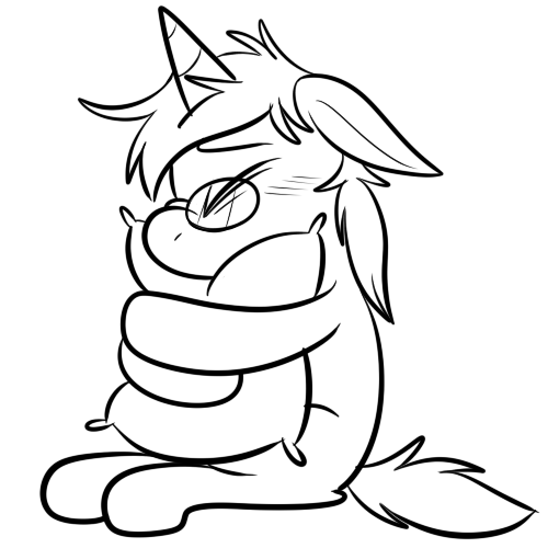 Size: 500x500 | Tagged: safe, artist:karpet-shark, banned from derpibooru, deleted from derpibooru, derpibooru import, oc, oc:doodlebug, unofficial characters only, blushing, cute, eyes closed, floppy ears, hug, monochrome, pillow, pillow hug, sitting, solo