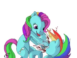 Size: 1350x1020 | Tagged: grimdark, artist:ponykillerx, banned from derpibooru, deleted from derpibooru, derpibooru import, rainbow dash, rainbow dash (g3), blood, fight, g3, generational ponidox, paradox, punch, violence