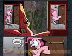 Size: 900x700 | Tagged: safe, banned from derpibooru, deleted from derpibooru, derpibooru import, pinkie pie, comic, exploitable meme, fallout, fallout 3, fuck you, fuck you door, meme, obligatory pony, surprise door, vulgar