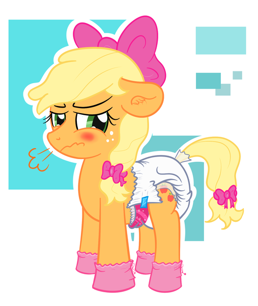 Size: 1576x1866 | Tagged: questionable, artist:vitriolink, banned from derpibooru, deleted from derpibooru, derpibooru import, applejack, blushing, booties, bow, diaper, diaper fetish, female, fetish, hair bow, solo, solo female, tail bow