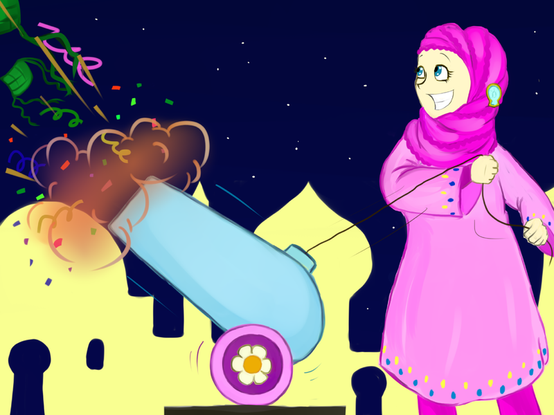 Size: 1931x1449 | Tagged: safe, artist:poecillia-gracilis19, banned from derpibooru, deleted from derpibooru, derpibooru import, pinkie pie, human, cannon, hijab, humanized, islam, night, party cannon, solo, why meph why