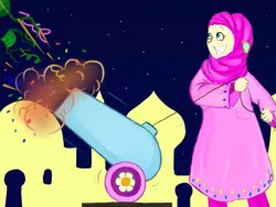 Size: 1931x1449 | Tagged: safe, artist:poecillia-gracilis19, banned from derpibooru, deleted from derpibooru, derpibooru import, pinkie pie, human, cannon, hijab, humanized, islam, night, party cannon, solo, why meph why