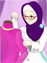 Size: 1950x2594 | Tagged: safe, artist:poecillia-gracilis19, banned from derpibooru, deleted from derpibooru, derpibooru import, rarity, human, glasses, hijab, humanized, islam, solo, why meph why