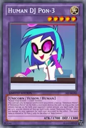 Size: 333x493 | Tagged: safe, artist:poppixierex, banned from derpibooru, deleted from derpibooru, derpibooru import, vinyl scratch, human, equestria girls, card, glasses, screenshots, turntable