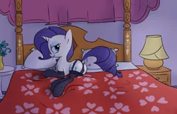 Size: 1280x823 | Tagged: suggestive, artist:bakasan, banned from derpibooru, deleted from derpibooru, derpibooru import, rarity, pony, unicorn, bed, bedroom eyes, blanket, clothes, dock, female, lamp, lingerie, panties, pillow, solo, solo female, underwear, vase