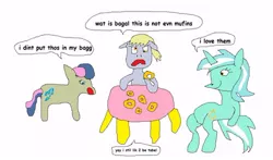 Size: 500x293 | Tagged: safe, artist:dellovan, banned from derpibooru, deleted from derpibooru, derpibooru import, bon bon, derpy hooves, lyra heartstrings, sweetie drops, comic sans, digital art, fluttertable, ms paint, stylistic suck, table