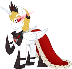 Size: 900x868 | Tagged: safe, banned from derpibooru, deleted from derpibooru, derpibooru import, prince blueblood, alicorn, alicorn amulet, cape, clothes, corrupted, crown, evil, jewelry, regalia, solo