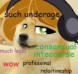 Size: 300x286 | Tagged: safe, banned from derpibooru, deleted from derpibooru, derpibooru import, edit, oc, oc:mandopony, 4chan, comic sans, doge, headphones, mandobloom, /mlp/, photo, text, wat