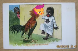 Size: 1024x674 | Tagged: safe, banned from derpibooru, deleted from derpibooru, derpibooru import, scootaloo, blackface, chickun, exploitable meme, faic, forced meme, meme, racism
