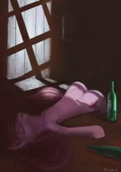 Size: 636x900 | Tagged: safe, artist:raedrob, banned from derpibooru, deleted from derpibooru, derpibooru import, berry punch, berryshine, alcohol, binge, drink, passed out, rain, sleeping, solo, unconscious, window