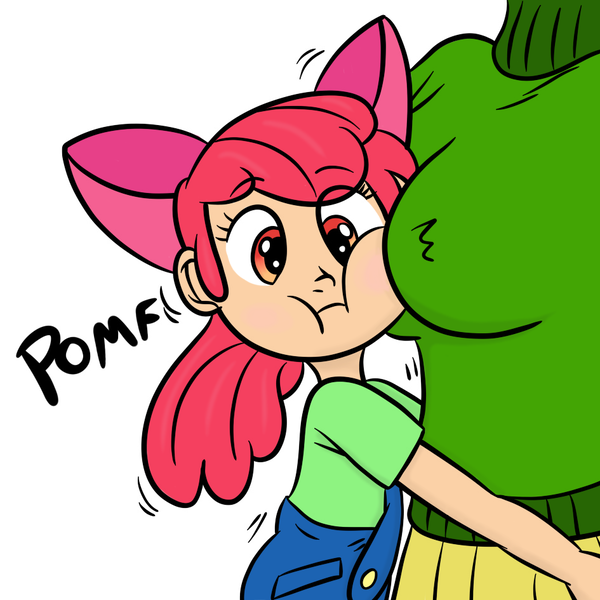 Size: 945x945 | Tagged: suggestive, artist:megasweet, banned from derpibooru, deleted from derpibooru, derpibooru import, apple bloom, fluttershy, bat pony, human, stare master, boob smothering, breasts, busty fluttershy, clothes, female, flutterbat, humanized, pomf, race swap, scene interpretation, smothering, sweater, sweatershy