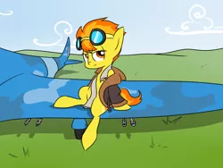 Size: 1280x960 | Tagged: safe, artist:bakasan, banned from derpibooru, deleted from derpibooru, derpibooru import, spitfire, clothes, jacket, plane, solo