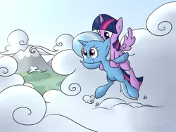 Size: 1280x960 | Tagged: safe, artist:bakasan, banned from derpibooru, deleted from derpibooru, derpibooru import, trixie, twilight sparkle, twilight sparkle (alicorn), alicorn, pony, carrying, cloud, cloudy, female, flying, lesbian, mare, shipping, twixie