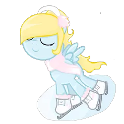 Size: 1600x1600 | Tagged: dead source, safe, artist:cordeliachan, banned from derpibooru, deleted from derpibooru, derpibooru import, oc, oc:aria note, unofficial characters only, pegasus, pony, clothes, earmuffs, eyes closed, ice skates, ice skating, scarf, solo